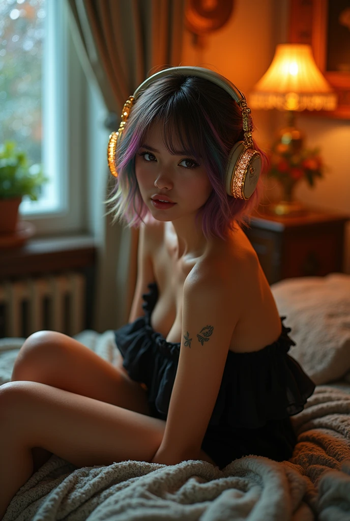 Best Quality, masutepiece, (Photorealistic:2), Ultra High Resolution, Highly detailed, A hyper-realistic, 1girl in, ((head phone)), (Longer dresloral pattern, colourfull_hair、(((very_Short_hair))), Short hair, Slim body, Full Shot, Looking at Viewer, ((Music Studio)), Bright atmosphere, spot light, Detailed background,8K, best qualtiy, masterpiece, photograph realistic, Hide your face with happiness, big breasts, black sexy pajama, listening to music with head phones, in bed, bedroom, music, headphones, golden Lace, Aerith Gainsborough, whole body, exposed bare shoulders, do lado de fora, outside, Covered with snow, cloaks, high high quality, Adobe Lightroom, highdetailskin, looking at viewert, rainning background, rain window,Autumn lay on bed seductively on a bed with her legs spread wide open to show her lace panties. A bed or bedroom background completes the scene with a touch of nostalgia. Intense look and makeup, symmetrical eyes, symmetrical face, photorealistic, photography, path tracing, specular lighting, volumetric face light, path traced hair, visible shadows, intricate, elaborate, hyper realisticBlack tank top, voluminetric lighting, glowing headphones, Cyberpunk, Futuristic, multi colored eyes, Detailed eyes, ultra - detailed,Light smile, Highly detailed, Beautiful, small detailed, Ultra detailed, Best quality, Intricate, hyper photorealism, Sharp, Digital illustration, Detailed, Realism, Intricate, 4K, 8K, trending on artstationh, Good anatomy, Beautiful lighting, Award-winning, Photorealistic, Realistic shadows, Realistic lighting, Beautiful lighting, Ray traching, Intricate details, Moody, Rule of thirds, Masterpiece, (illustration:1.1), A high resolution, (Extremely detailed