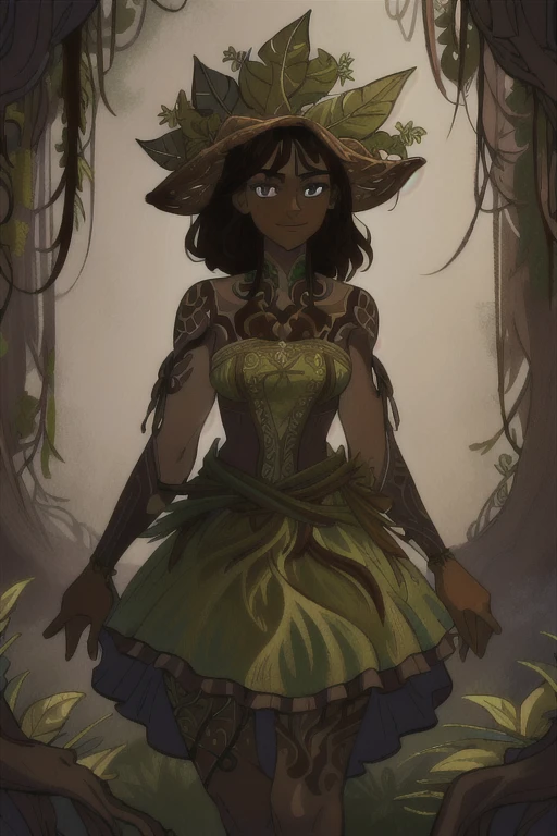 ((best quality)), ((highly detailed)), masterpiece, (detailed eyes, deep eyes), (1girl), cowboy shot, (dryad), (((plant_hair:2, brown hair, leaves in hair))), (((dark brown skin:1.5))), (serene smile), green eyes, tall woman, ((intricate tattoos:1.4)), (green tattoos), (rune tattoos), nature, ((leaf skirt, clothes made of plants:1.4)), medium breasts, mushrooms, RootsBranchesAI woman