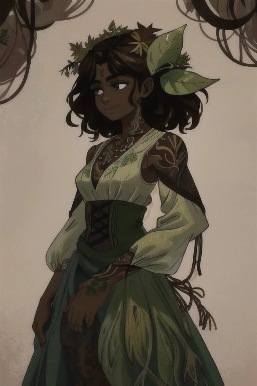 ((best quality)), ((highly detailed)), masterpiece, (detailed eyes, deep eyes), (1girl), cowboy shot, (dryad), (((plant_hair:2, brown hair, leaves in hair))), (((dark brown skin:1.5))), (serene smile), green eyes, tall woman, ((intricate tattoos:1.4)), (green tattoos), (rune tattoos), nature, ((leaf skirt, clothes made of plants:1.4)), medium breasts, mushrooms, RootsBranchesAI woman