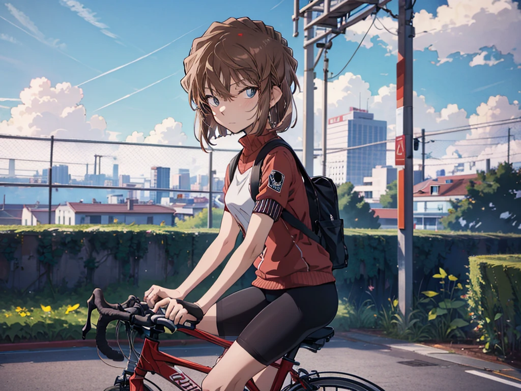 (Riding a Bicycle), The background is a park, cute, Beauty, short hair, Haibara Ai, Brown Hair, highest quality, 1girl, ccurate, (masterpiece), uhd, retina, anatomically correct, textured skin, super detail, high details, high quality, best quality, highres, 16K