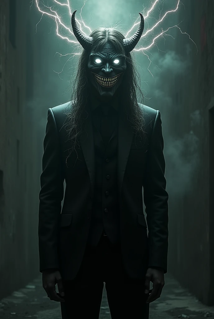 Tall man in an elegant black suit, with a black colored mask with a white demonic smile and white cyclone eyes, Long hair, with 1 smiling demon on its back coming from other dimensions in the form of static, In the dark