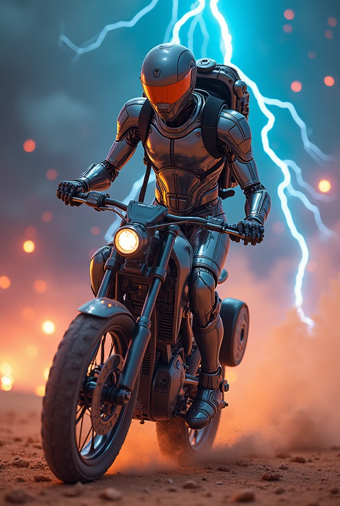 sexy android, roboT, big backpack, Performing acrobatics on a mechanically armed bicycle, (sand splash:1.3), Storm and k colorful lightning background, in Space War,