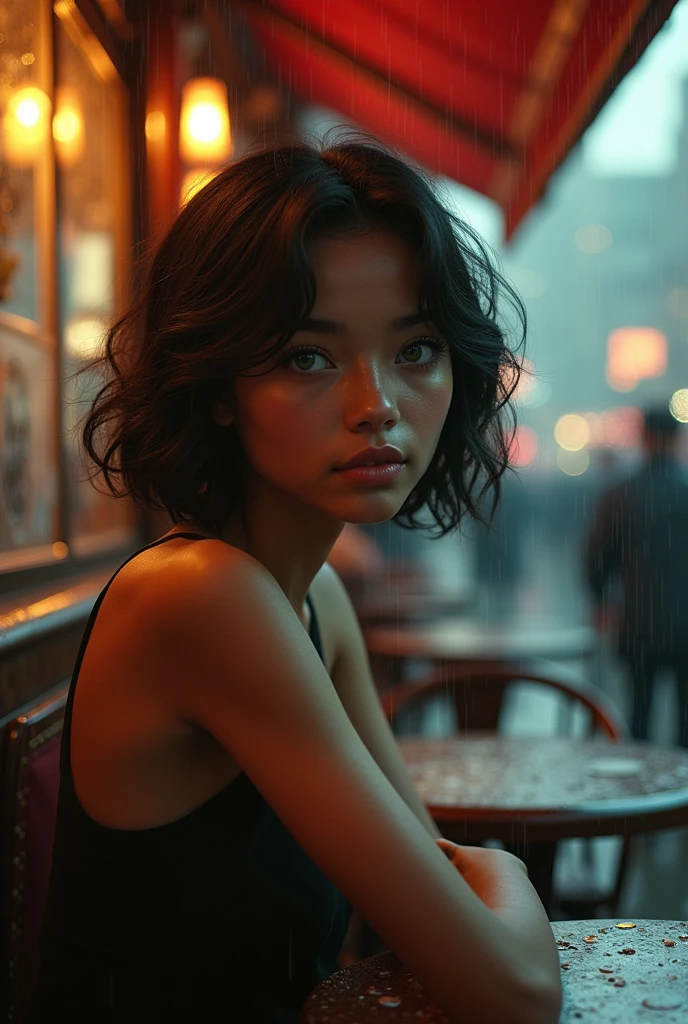 Best quality, masterpiece, ultra high res, (photorealistic:1.4), raw photo, 1girl, off shoulder, cinematic lighting,ography of a stunning girl, she looks like japaneese and african ,almond-shaped eyes, full lips, big eyes, full lips, almond-shaped eyes, full lips, and prominent cheekbones, slim waist, fit body, wearing casual dress, wavy short hair, short cut hair, symmetrical green eyes, symmetrical face, photorealistic, photography, path tracing, specular lighting, volumetric face light, path traced hairmaximum quality、MASTERPIECE、Super High Resolution、(photorealistic:1.4)、Raw photo、1 girl、off shoulder、In the rainy city、A crowded figure in the background、Rainy evening、Sit in an antique café、Warm lights、It looks cold outside the window