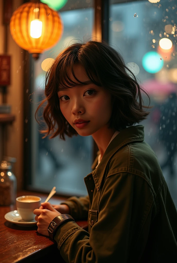 Best quality, masterpiece, ultra high res, (photorealistic:1.4), raw photo, 1girl, off shoulder, cinematic lighting,ography of a stunning girl, she looks like japaneese and african ,almond-shaped eyes, full lips, big eyes, full lips, almond-shaped eyes, full lips, and prominent cheekbones, slim waist, fit body, wearing casual dress, wavy short hair, short cut hair, symmetrical green eyes, symmetrical face, photorealistic, photography, path tracing, specular lighting, volumetric face light, path traced hairmaximum quality、MASTERPIECE、Super High Resolution、(photorealistic:1.4)、Raw photo、1 girl、off shoulder、In the rainy city、A crowded figure in the background、Rainy evening、Sit in an antique café、Warm lights、It looks cold outside the window