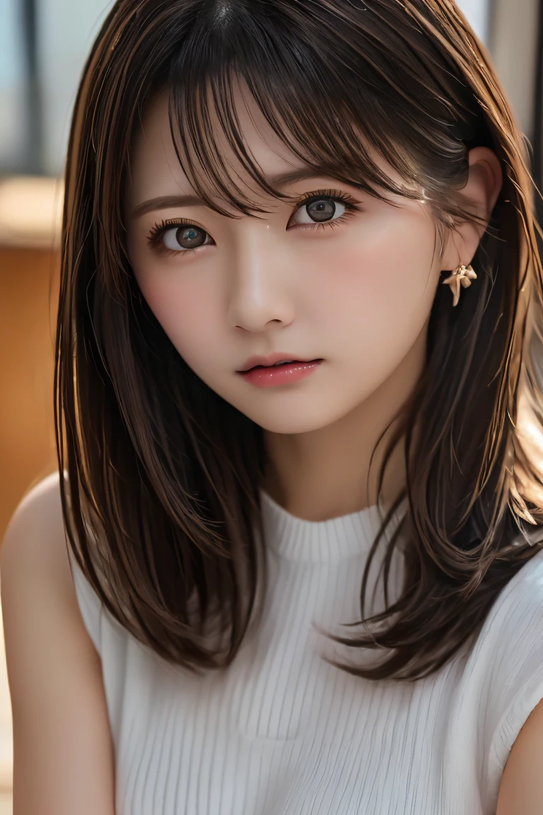 Highest quality, (beautiful)、beautiful女性、Precision Eyes、Brown Hair、Brown eyes、Looking into the camera、Soft Breasts、Medium Hair、Inward curl hair、Straight Hair、Upper Body、Cross your arms、Shoot from above、office、suit、Glasses、Angry expression