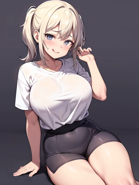 masterpiece, best quality, ultra-detailed, illustration,1girl, Short white hair in pigtails, Short white T-shirt, blue apron, black trousers, blush, big breasts, Big thigh, Look to the Lower, simple background, solo, very sexy, Pose Holding shoes in his hands, shy expression, cute, white background, Smiling cutely, sticking out his tongue