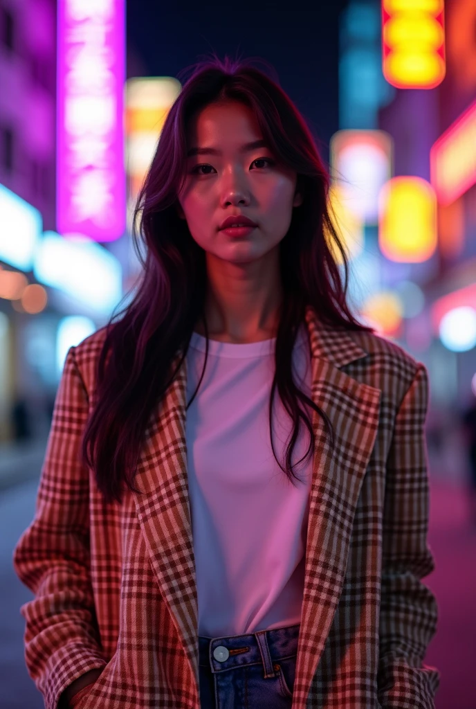 asian girl wearing an A plain white t-shirt covered with an oversized blazer with a brown and white checkered pattern at night, in the style of iconic album covers, neon-infused digitalism, animated gifs, light purple and light amber, i can't believe how beautiful this is, soft-focus portraits, chicano-inspired --ar 1:2 --stylize 750 --v 6