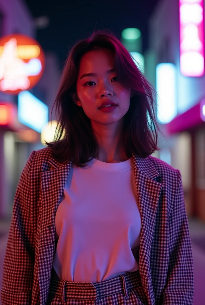 asian girl wearing an A plain white t-shirt covered with an oversized blazer with a brown and white checkered pattern at night, in the style of iconic album covers, neon-infused digitalism, animated gifs, light purple and light amber, i can't believe how beautiful this is, soft-focus portraits, chicano-inspired --ar 1:2 --stylize 750 --v 6