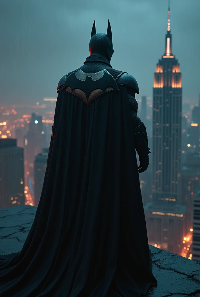 a dark knight standing on top of a skyscraper, looking down over the city, dramatic lighting, moody atmosphere, extremely detailed, realistic, photorealistic, cinematic, 8k, hyperrealistic, intricate details, sharp focus, dramatic shadows, brooding expression, cape billowing in the wind, night cityscape, neon lights, rain, fog, realistic textures, unreal engine, volumetric lighting, cinematic composition, chiaroscuro lighting, glowing eyes