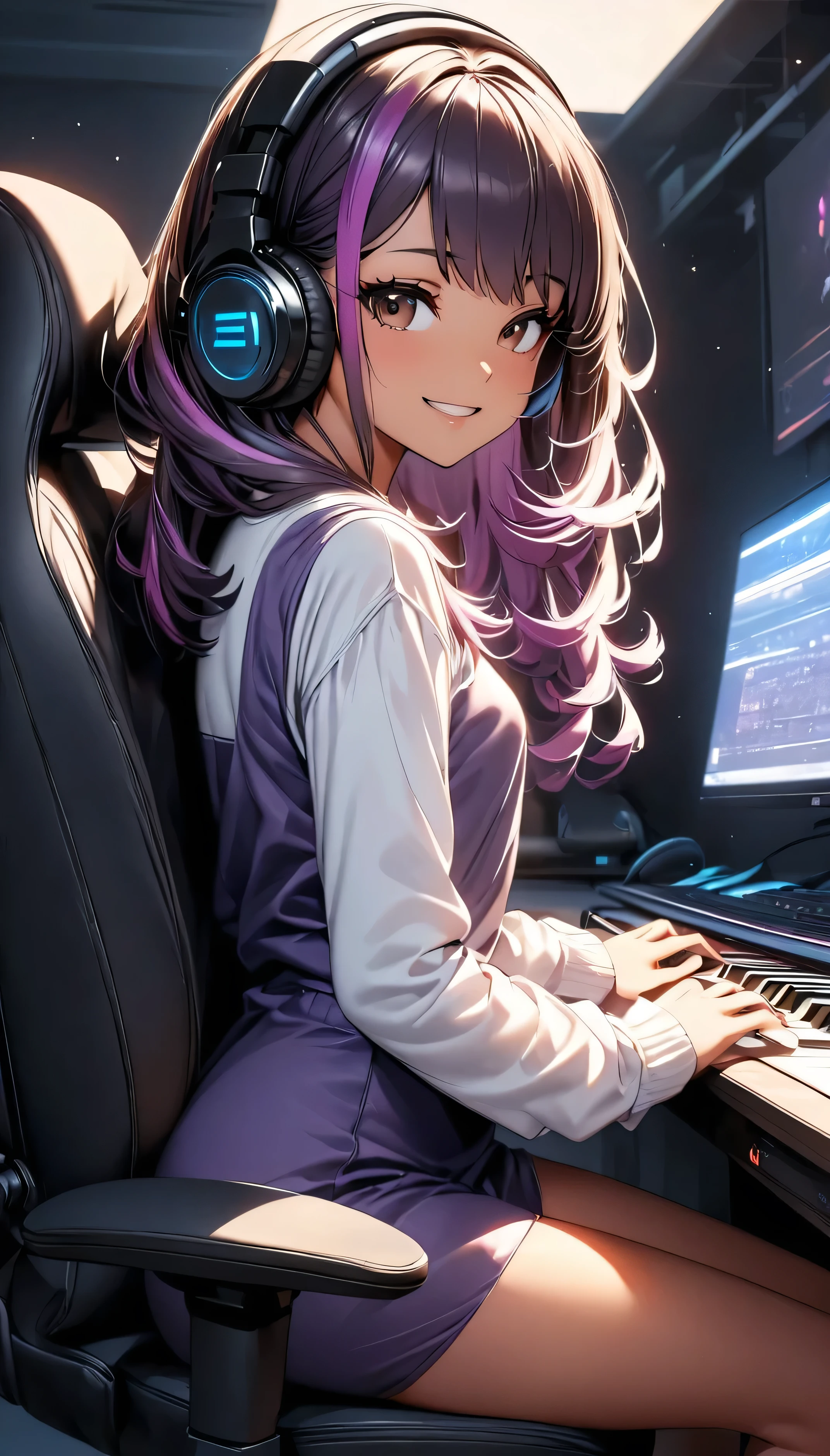 (highest quality:1.2, Very detailed, up to date, Vibrant, Ultra-high resolution, High Contrast, masterpiece:1.2, highest quality, Best aesthetics), Portraiture、girl, 25-years-old, Bright colors、Beautiful fine details、Beautiful lip detail, long hair、black and purple ((streaked hair:1.6)), highlights hair: 1.5, brown eyes, ((slim body:1.4)), (small breast:0.7), (dark skin:0.5), purple mini dress, ((wear headphone:1)), music composer, playing music keyboard on the desk, sitting gaming chair, smile:1, side shot, (cowboy shot:1.1), (PC Displays on the side), upper body