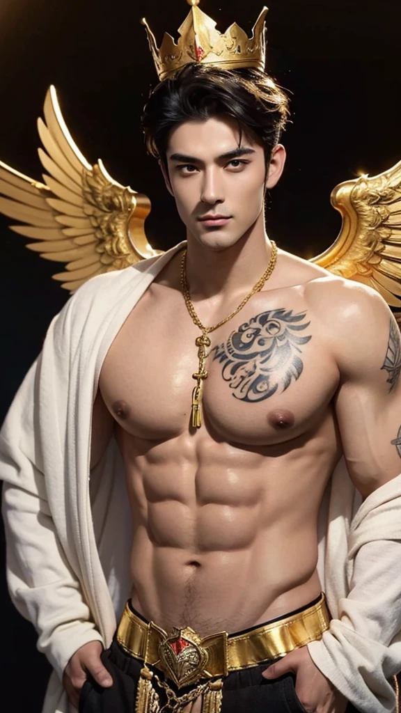 Muscler handsome man with golden colour wings, wearing a big gold crown, bare body, perfect face, sexy eyes, black hair, perfect body, big chest, tattoos on his whole chest and shoulders. A sexy look on his face which is captivating and enchanting. 