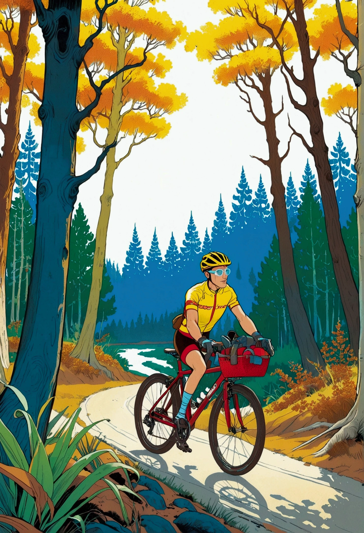 ([negative space:0.8:1.5]), A blue-eyed bicyclist in yellow glasses, a red helmet with a visor, and Endura gloves, with right leg in a plaster cast, is riding a black-red bicycle equipped with Avid Elixir brakes and SRAM X0 shifters. A bike bag is attached to the bike rack. The cyclist is furiously pedaling through a pine forest, alongside a blue river on a sandy road. On one side of the road, low grass, ferns, and Lily of the valley grow, while on the other side, there is a picturesque marshland with reeds and larches，colorful cartoon-style illustration from an award winning animated movie, illustrated in bold outlines, showcasing its colors and shapes, The character is depicted adorned colorful energy against a white background, [mythical creature:0.8]