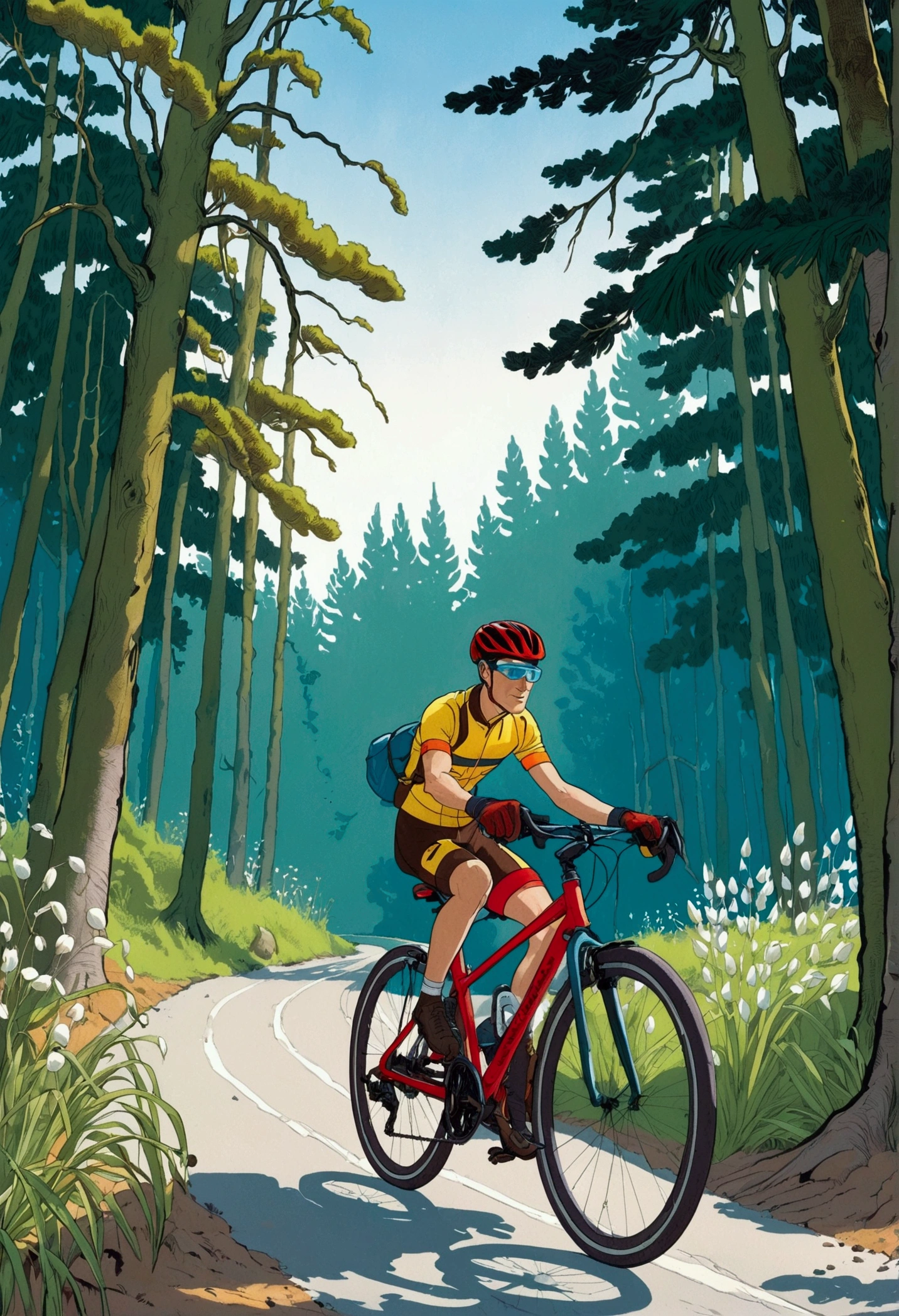 ([negative space:0.8:1.5]), A blue-eyed bicyclist in yellow glasses, a red helmet with a visor, and Endura gloves, with right leg in a plaster cast, is riding a black-red bicycle equipped with Avid Elixir brakes and SRAM X0 shifters. A bike bag is attached to the bike rack. The cyclist is furiously pedaling through a pine forest, alongside a blue river on a sandy road. On one side of the road, low grass, ferns, and Lily of the valley grow, while on the other side, there is a picturesque marshland with reeds and larches，colorful cartoon-style illustration from an award winning animated movie, illustrated in bold outlines, showcasing its colors and shapes, The character is depicted adorned colorful energy against a white background, [mythical creature:0.8]