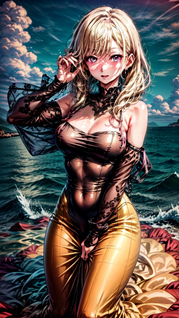 1girl, animated cartoon, marin Kitagawa, One beautiful blonde girl,red eyes,Fluffy dresses,off shoulders,the ocean, Best_QualityPos, RAW photo, intricate details, best quality, 8k uhd, soft lighting
