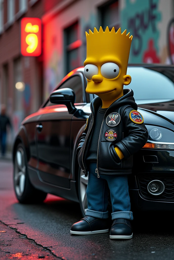 Generate an image of Bart Simpson with an Audi TT mk2 2008 in a gangster mood, make it look real detailed