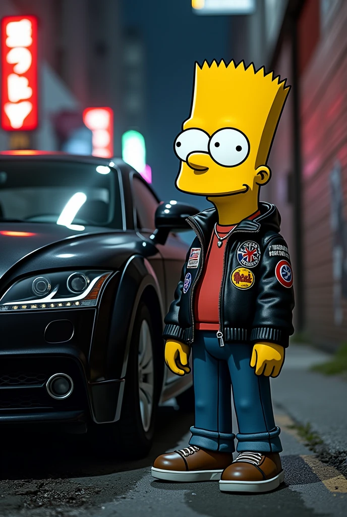 Generate an image of Bart Simpson with an Audi TT mk2 2008 in a gangster mood, make it look real detailed