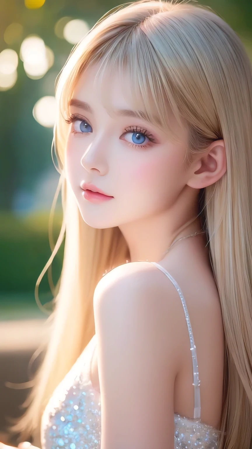 Incredibly bright, white, glossy, beautiful skin、Blonde hair color that changes with reflected light、Bangs between the eyes blocking the view、Glossy highlight on cheeks、sexy, very beautiful, lovely, cute, gorgeous face、The most beautiful face in the world、15-year-old beautiful girl、Super long blonde hair、smooth, straight hair、Big Breasts, Large, bright, azure eyes that sparkle、Beautiful eyeliner、Beautiful bangs、Small Face Beauty、beautiful round face、Very beautiful appearance、Very pure white girl、Cheek highlighter