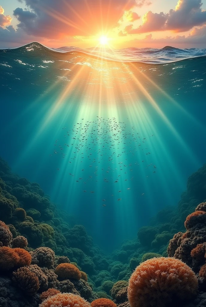 End with the camera slowly ascending back towards the surface, where a school of fish swims in the glowing sunlight, with a sunset in the background.