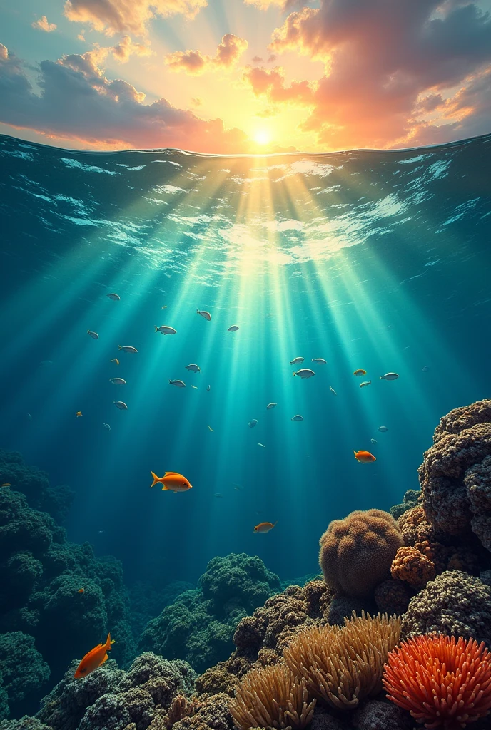 End with the camera slowly ascending back towards the surface, where a school of fish swims in the glowing sunlight, with a sunset in the background.