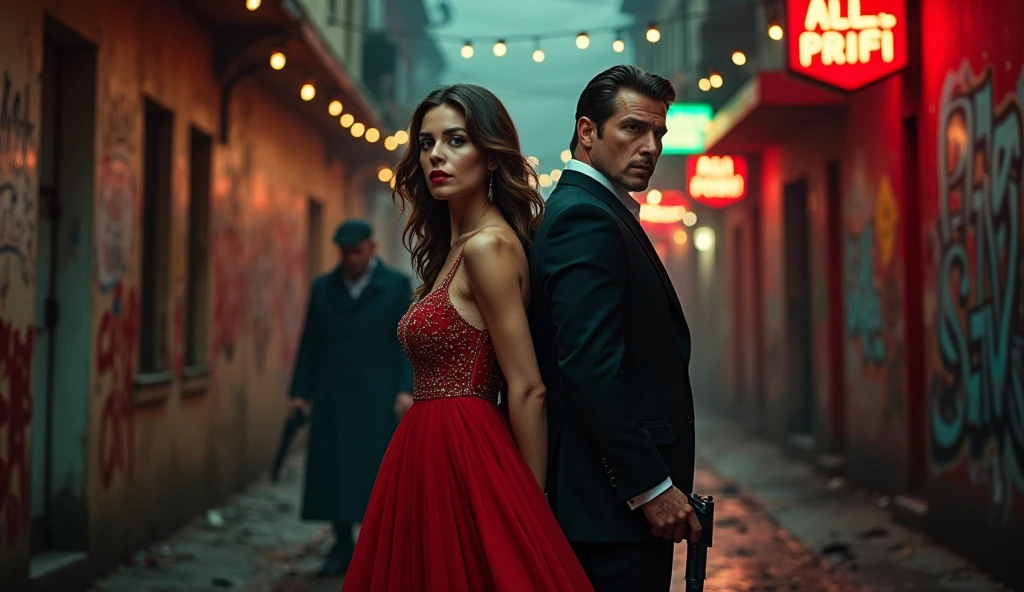 create a movie poster a close up of a woman in a dress standing next to a man in a suit, the gunman behind him, mafia background hyper detailed, mafia, mafia, official, action film, hannibal, action thriller,