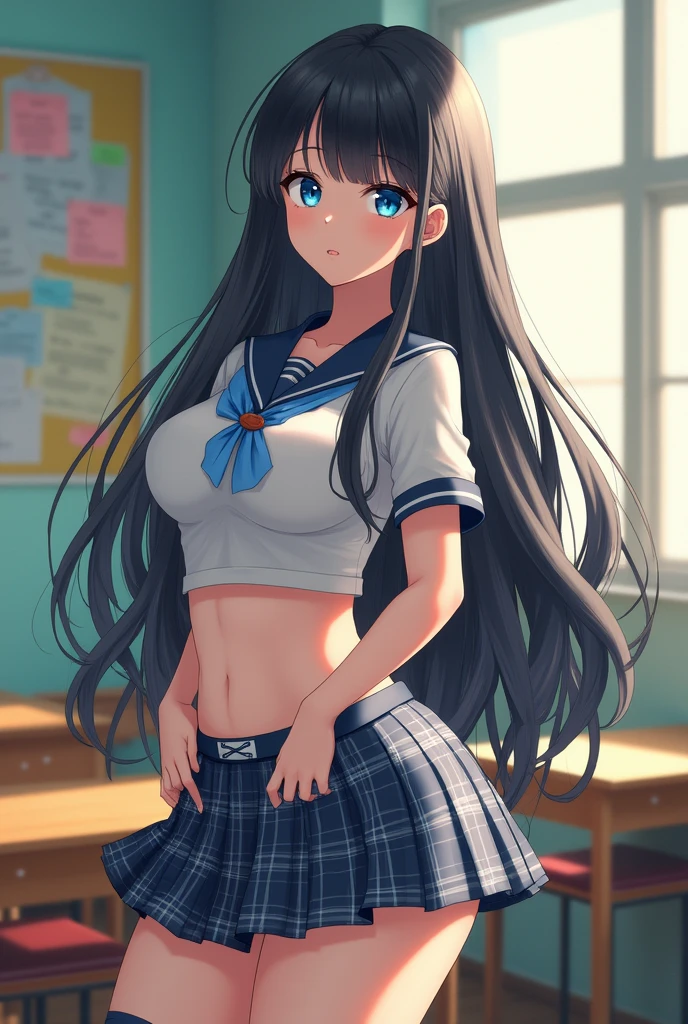 NSFW Long hair girl, black in color, blue colored eyes. with huge breasts, slim with hips and ass, no belly. dressed as a schoolgirl,
