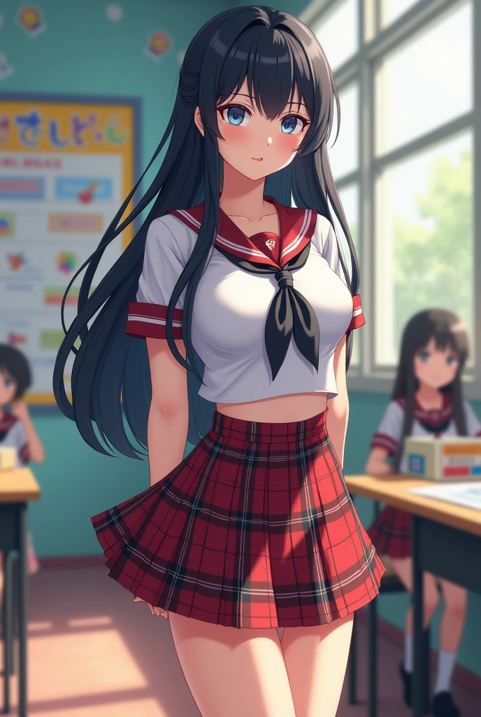 NSFW Long hair girl, black in color, blue colored eyes. with huge breasts, slim with hips and ass, no belly. dressed as a schoolgirl,