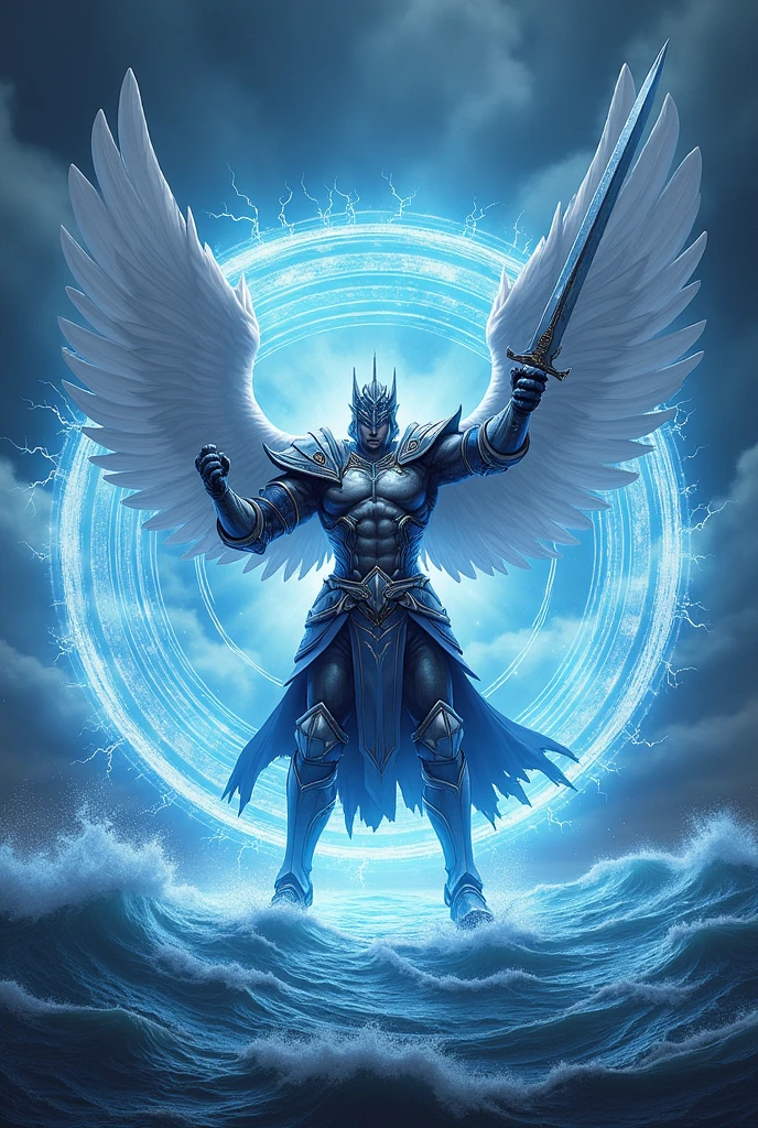 Cartoon of energetic muscular warrior with long white wings at center of image in fighting pose, wearing an heavy armor , surrounded buy circular blue and white electricity, full body visible at the center of image, 10 percent border of the image match with warrior armour, feet above the water , carrying a sword in hands, background is blue with stormy clouds at the top and ocean at the bottom