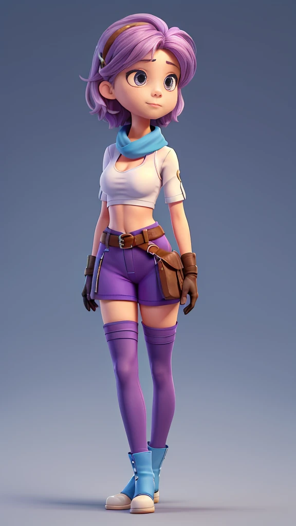 • Head:
• Short, light purple hair with a slightly messy style.
• A small tuft of hair sticks up at the top, adding a playful touch.
• Two metal hair clips on the left side of the bangs.
• Large, expressive purple eyes with a serious and focused expression.
• Light brown skin tone with a subtle blush on the cheeks.
• Upper Body:
• The character is wearing a minimalistic top consisting of white straps crossing over the chest and neck, exposing the midriff.
• A light blue scarf is draped around the neck and shoulders, flowing outwards slightly.
• The right arm is wrapped in bandages up to the elbow, while the left arm is covered with a long white sleeve that extends from the shoulder to the wrist.
• Fingerless gloves are worn on both hands, adding a practical and combat-ready appearance.
• Lower Body:
• The character wears a low-rise, white bikini-style bottom.
• A wide light blue belt with a silver buckle is worn around the hips, with a small pouch attached to the left side.
• The right leg is covered by a long, dark blue stocking that reaches mid-thigh, paired with a white thigh-high stocking on the left leg that has vertical stripes.
• The character is wearing white boots with a blue trim, designed with a slight open-toe style.
• Pose:
• Standing with a neutral stance, legs slightly apart, and arms relaxed at the sides.
• The character’s expression and body language convey readiness and alertness, as if prepared for action.
• Overall Appearance:
• The character has a sleek and athletic build, emphasizing agility and combat readiness.
• The outfit is both functional and stylish, with a mix of minimalistic and tactical elements.
• The overall look suggests a character who is serious, focused, and prepared for challenging situations.
Large Breasts, Simple Background, One person,