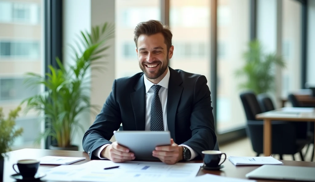 A man is sitting in a modern, well-lit office with large windows in the background, letting in natural light. He is dressed in a stylish, well-tailored suit with a tie, giving him a polished and professional appearance. His hair is neatly groomed, and he has a confident, smiling expression on his face. He is holding a tablet or a laptop, analyzing data displayed on the screen. The desk in front of him is organized, with a few papers, a pen, and a coffee cup. The office decor is contemporary, with sleek furniture and minimalistic design elements."