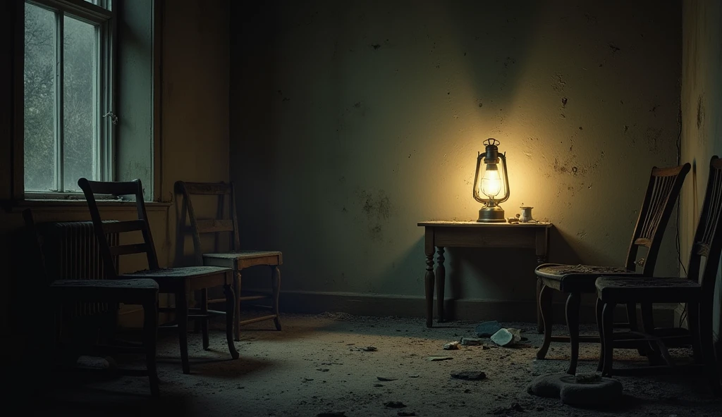 A room filled with broken furniture and debris, with a solitary, flickering oil lantern casting long shadows.