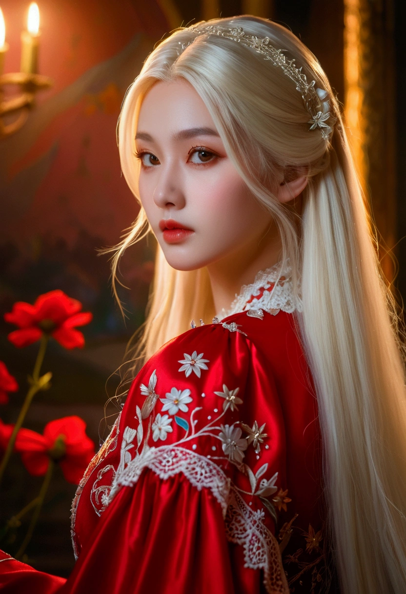 Oil painting style, mysterious and beautiful landscape with stars, flowers, natural light, light and brightness. Glossy rich platinum blonde_straight long hair, pastel red costume_lace puff sleeves, detailed details, (Best quality, 4K, 8K, high resolution, masterpiece: 1.2), (upper body close-up angle), (highly detailed, realistic: 1.37), the film is composed of soft lighting, dramatic mood lighting, vivid colors, dreamy, subtle magic, detailed, quiet, fragile, elegant, cinematic, dramatic, great composition.