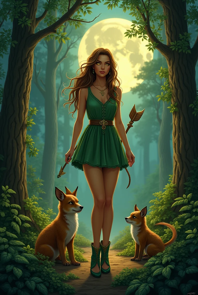 The goddess of the forest, with long wavy hair paired with her yellow eyes and her short green dress, she is holding an a glowing archery stick arrow in her hands, and tanned even skin, with an animal’s around her wearing a heels made of tree branches  animals around her in the middle of the night, and yellow eyes