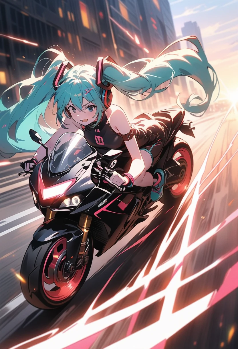 A captivating image of a stunning woman with long, blue hair, long hair,  good ass,  riding an elegant, futuristic red motorcycle. She is dressed in a pink leotard, long gray boots, white gloves, with a bold color palette and advanced technologies. In the background, the cityscape is illuminated by neon lights., creating a feeling of euphoria and adventure. The overall ambiance exudes charm and appeal., while the woman effortlessly attracts attention. In the sky you can see the full moon and the moonlight enhances its beauty.., cheered up, cinematographic, fashion