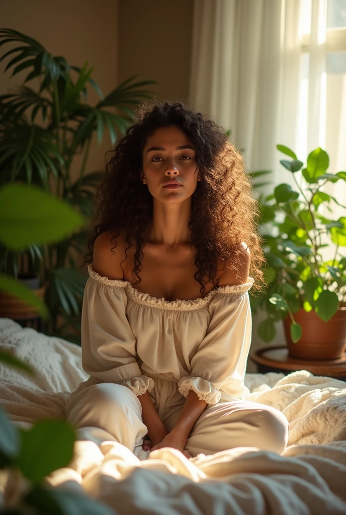 (photorealism:1.2), beautiful woman, sitting on bed, wearing loose off-shoulder top, pajama pants, long curly hair, indoors, soft lighting, plants in background, window with sunlight, cozy room, relaxed pose, realistic, intricate details, warm colors, by Greg Rutkowski, by Alphonse Mucha