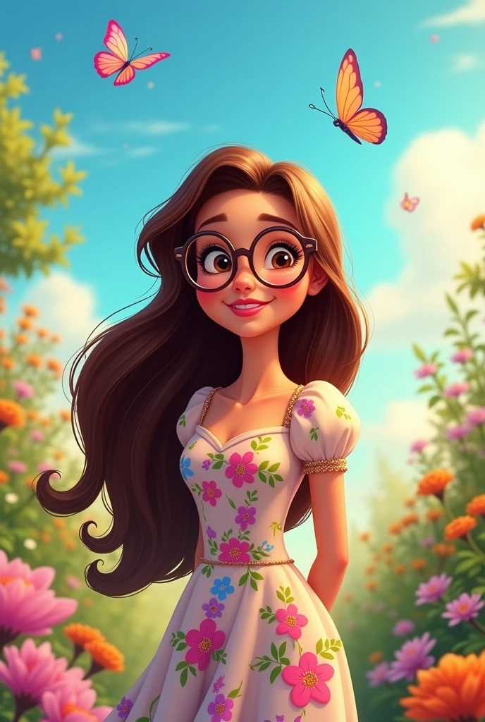 I want you to make a Disney style drawing, of a brunette woman with long, flowing hair, com olhos castanhos, wearing glasses. 8k illustration ,