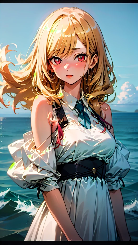 1girl, animated cartoon, marin Kitagawa, One beautiful blonde girl,red eyes,Fluffy dresses,off shoulders,the ocean, Best_QualityPos, RAW photo, intricate details, best quality, 8k uhd, soft lighting