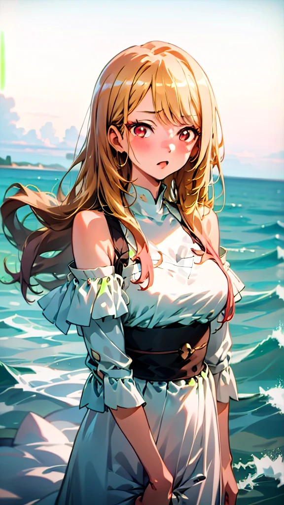1girl, animated cartoon, marin Kitagawa, One beautiful blonde girl,red eyes,Fluffy dresses,off shoulders,the ocean, Best_QualityPos, RAW photo, intricate details, best quality, 8k uhd, soft lighting