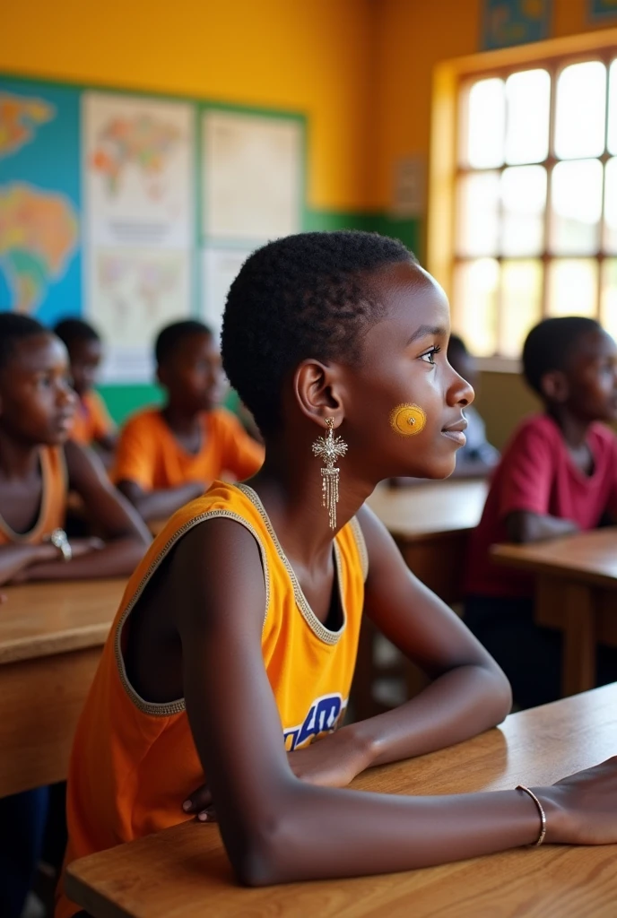 Students in Kenya staring at a sudanese student with body markings and pierced earlobes in a large classroom
