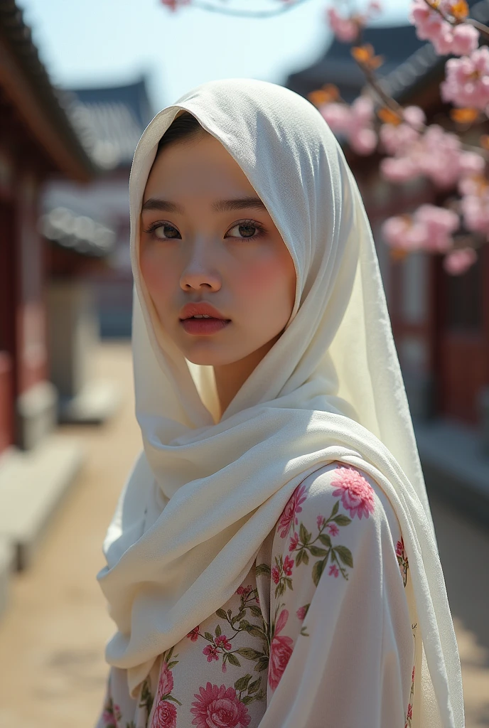Muslim korean model girl in niqab covering her face, big boobs, fair skin, eyes are covered