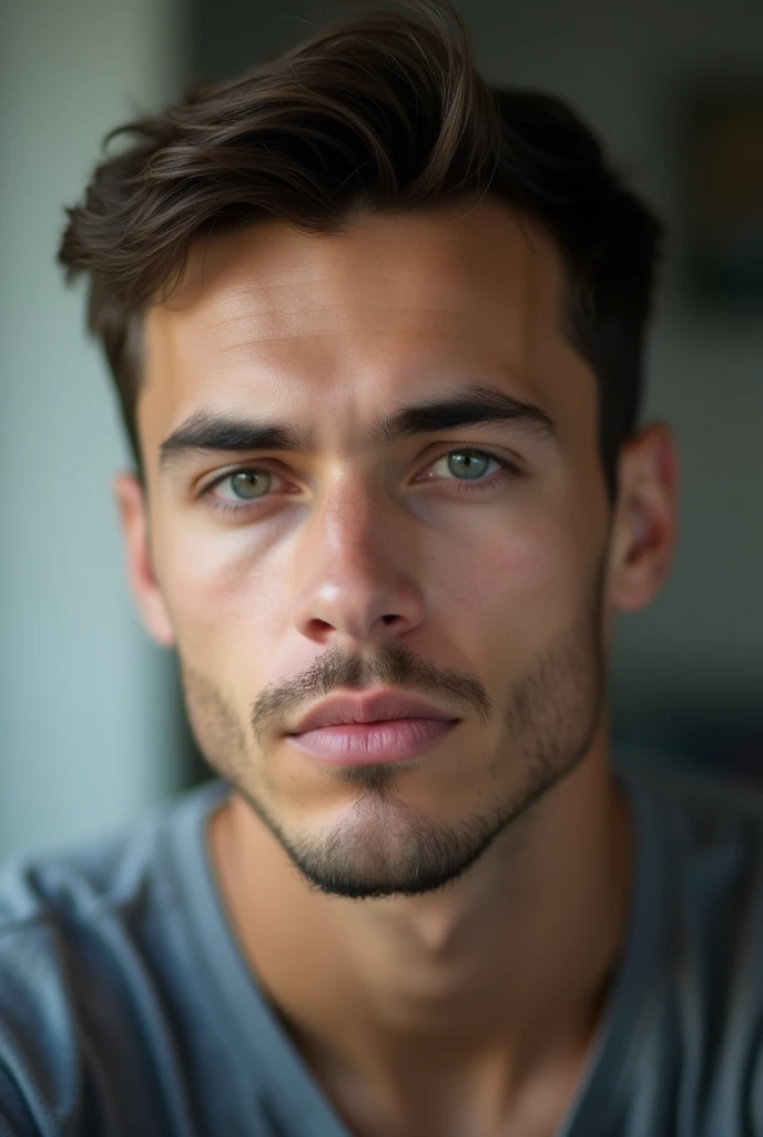 (photorealism:1.2)A young man with short, dark hair and light facial hair, including a thin mustache and beard, is looking directly at the camera with a neutral expression. His face is slightly oval with defined cheekbones, and his eyebrows are neatly shaped. His eyes are focused and calm, giving a sense of introspection. The lighting softly highlights his facial features, emphasizing his well-groomed appearance. The background is blurred, drawing full attention to his face, making him the central focus of the image.", 