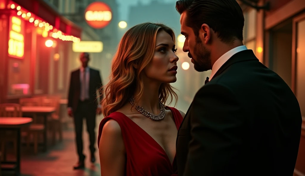 create a movie poster a close up of a woman in a dress standing next to a man in a suit, the gunman behind him, mafia background hyper detailed, mafia, mafia, official, action film, hannibal, action thriller,