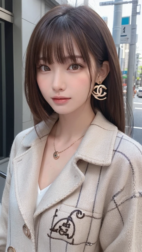 one girl, (a beauty girl, delicate girl:1.3), (:1.3),
break, (coat, necklace, earrings:1.2), (Gucci, Chanel, Louis Vuitton:1.2),
break, (street view, in Tokyo:1.2),
break, very fine eyes, (symmetrical eyes:1.3),
break, small breasts, brown eyes, parted bangs, brown hair, (upper teeth, best smile:0.2),
break, (eyes and faces with detailed:1.0),
break, (masterpiece, best quality, ultra detailed, detailed face, 8k)