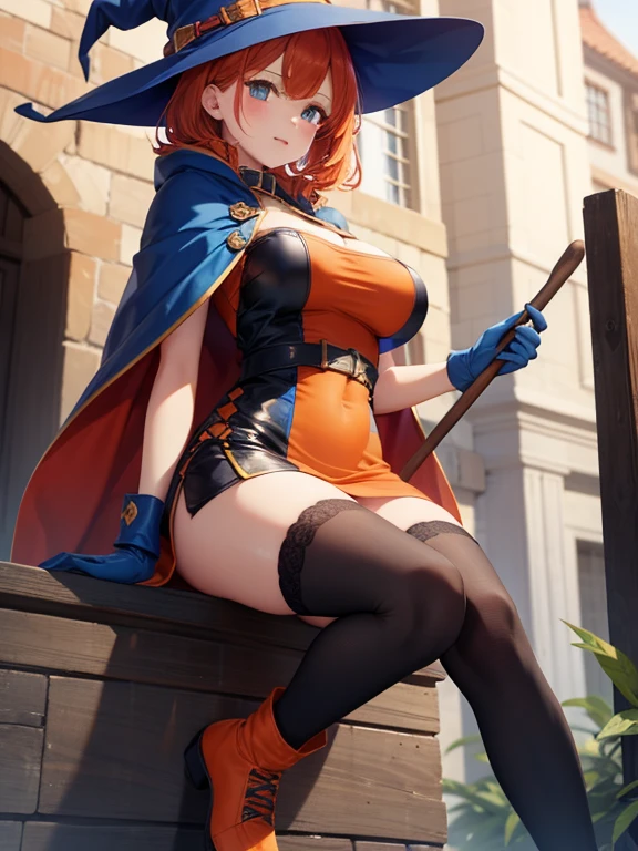 Kousaka honoka, cowboy shot, sexy pose,(big breasts:1.4),blue eyes, orange hair, cape,witch necklace, strapless, leotard, from side, sexy,curvy body, Blush, on knees,on the ground,hair ornament, detailed hair strands,dark sky with ghosts and dark magic, ghosts,wide hips , bukkake,(cum on face:1.2), tongue out, saliva, rolling eyes