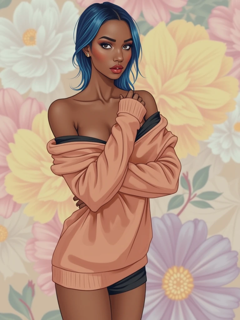 Upper body shot, ((beautiful black woman with flawless dark skin)), long hair with blue gradient shine, clearly defined facial features, big detailed eyes, ((( wearing an off the shoulder sweater))) bright flowers in the background, masterpiece, best high quality image,96k, HD, depth of field, 1080P wallpaper, Stand out, Character focus, high quality, incredibly detailed, UHD image quality in the style of Diego Gravinese
