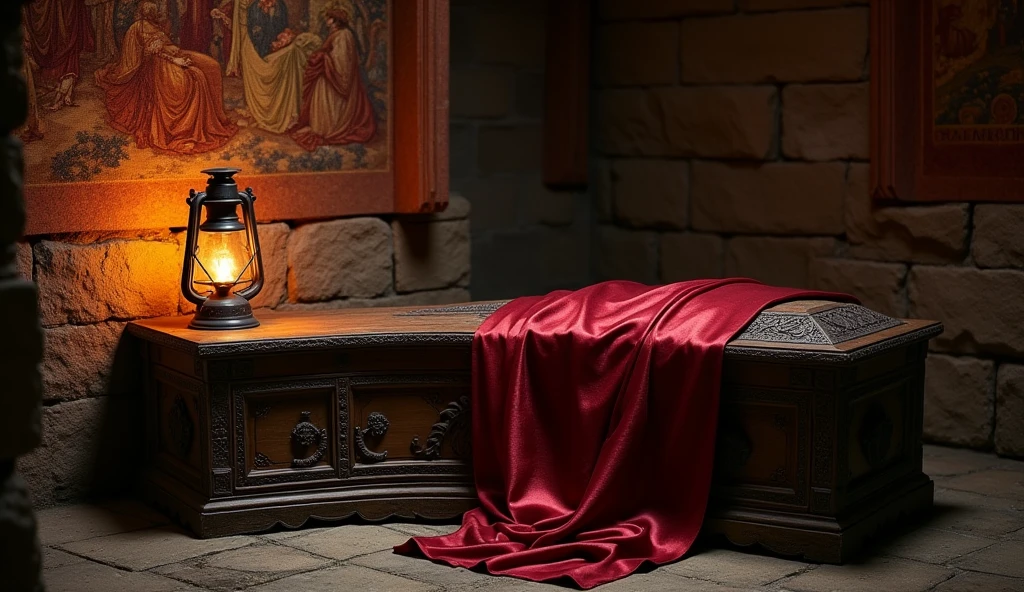 A weathered wooden coffin in the center of the room, draped in a red silk cloth, with an ancient oil lantern beside it.