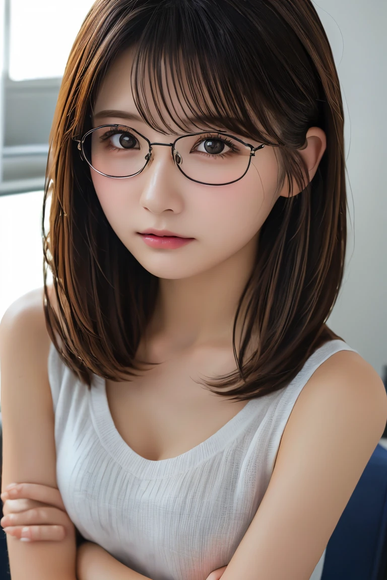 Highest quality, (beautiful)、beautiful女性、Precision Eyes、Brown Hair、Brown eyes、Looking into the camera、Soft Breasts、Medium Hair、Inward curl hair、Straight Hair、Upper Body、Cross your arms、Shoot from above、office、Yshirt、Glasses、Sad expression、ビジネスshirt