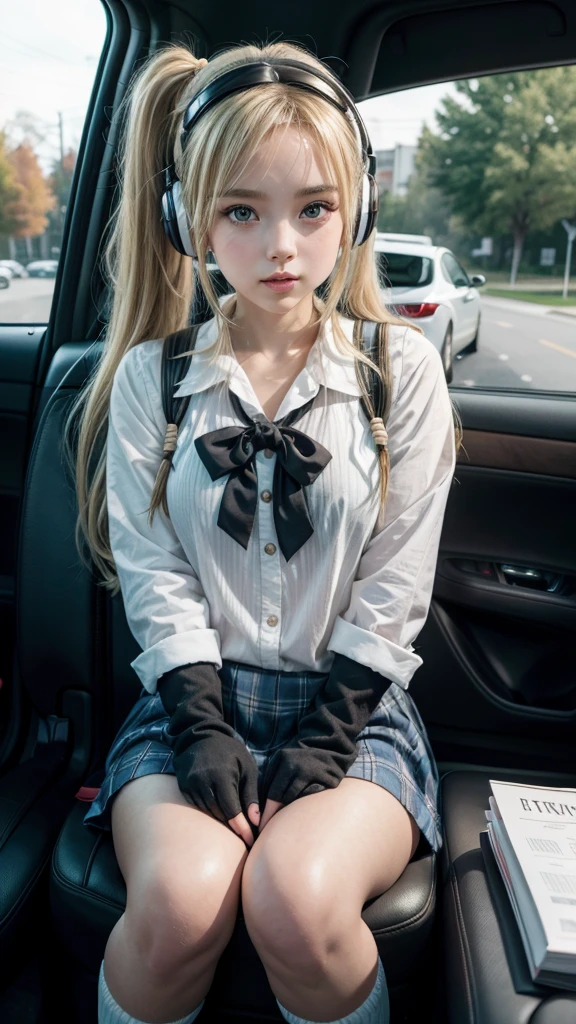 Cute schoolgirl Livlas sits in the back seat of the car and looks out the window 1 girl, clap, blonde hair,tape, Ponytail, parted lips, headphones, anime style, black mitts, legs in the lotus position ,striped gaiters