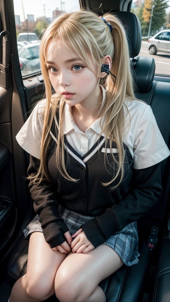 Cute schoolgirl Livlas sits in the back seat of the car and looks out the window 1 girl, clap, blonde hair,tape, Ponytail, parted lips, headphones, anime style, black mitts, legs in the lotus position ,striped gaiters