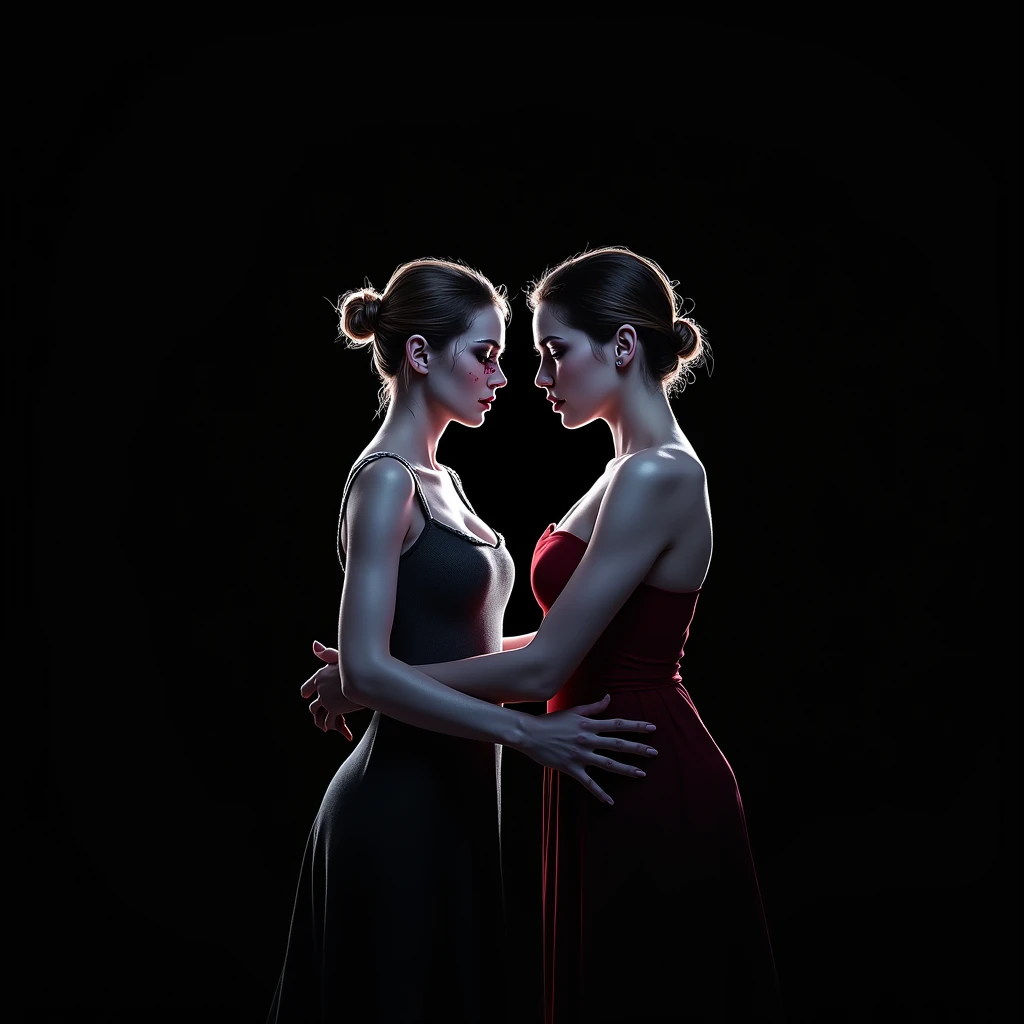 a beautiful broken woman, a betrayed man, a toxic relationship full of manipulation and deceit, two people stabbing each other, a betrayed and broken heart, dramatic lighting, moody colors, muted palette, dark and somber atmosphere, realistic detailed portrait, cinematic composition, dramatic poses, masterpiece, hyper detailed, high quality, photorealistic