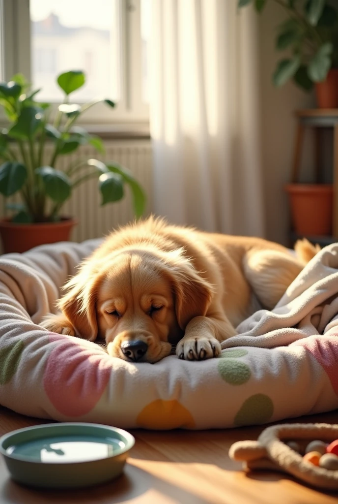 An advertisement image of a dog sleeping comfortably on a dog bed.